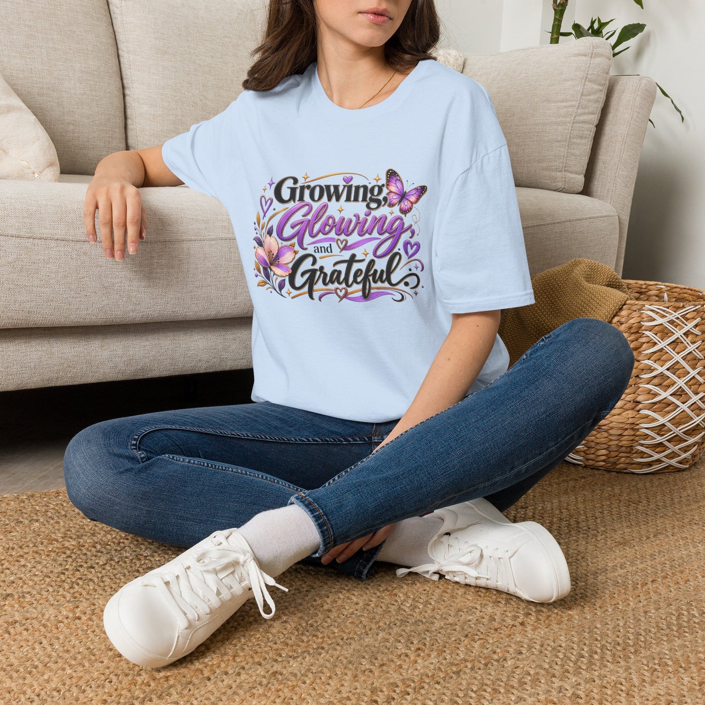 Growing Glowing and Grateful T-Shirt — Inspirational Floral Butterfly Tee for Women