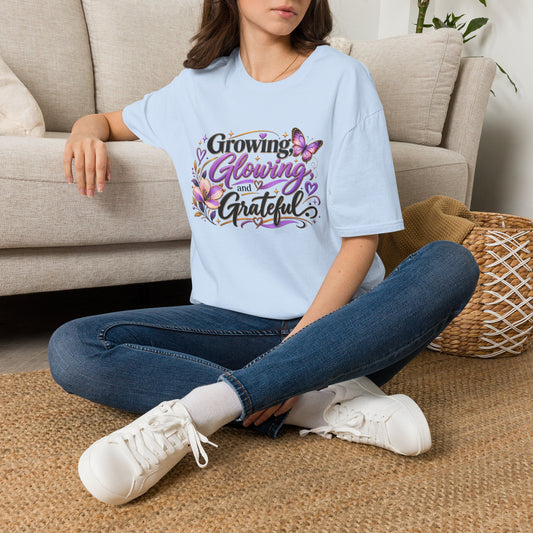 Growing Glowing and Grateful T-Shirt — Inspirational Floral Butterfly Tee for Women