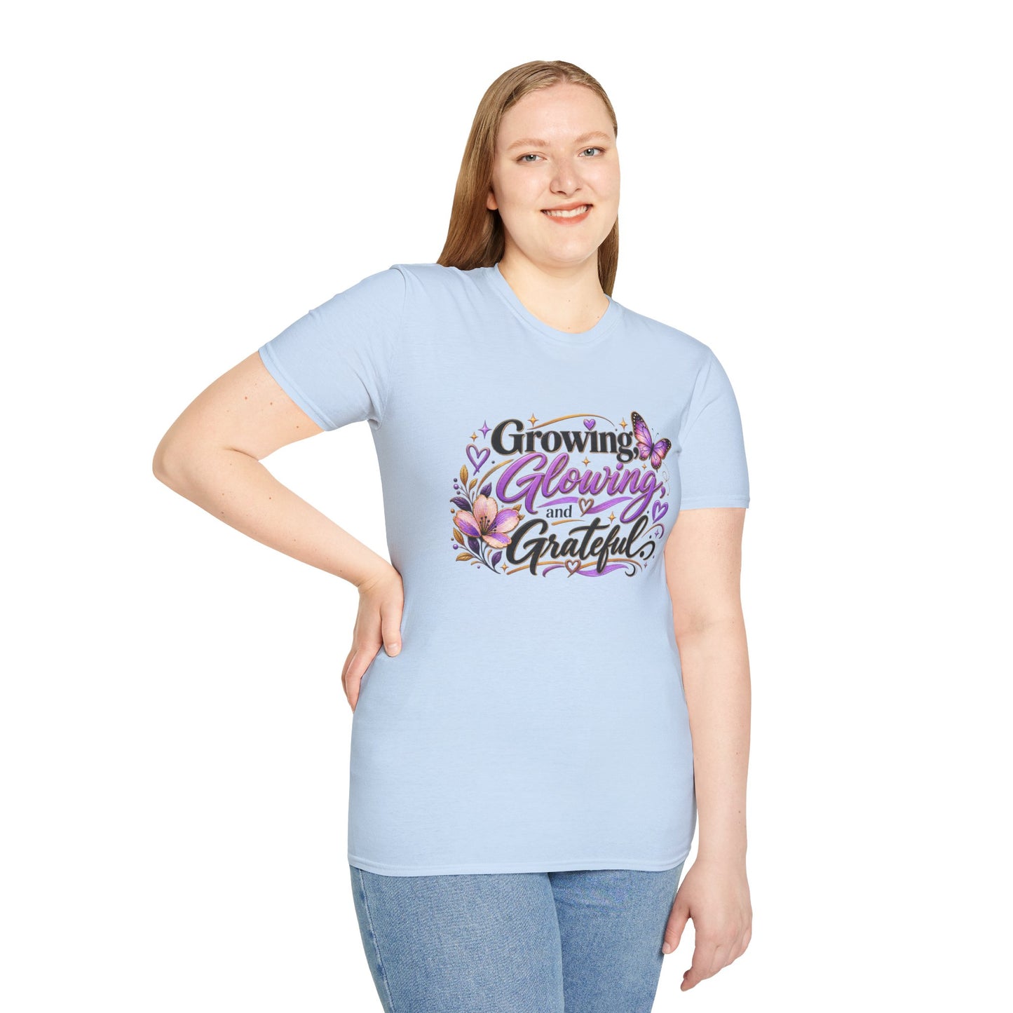 Growing Glowing and Grateful T-Shirt — Inspirational Floral Butterfly Tee for Women