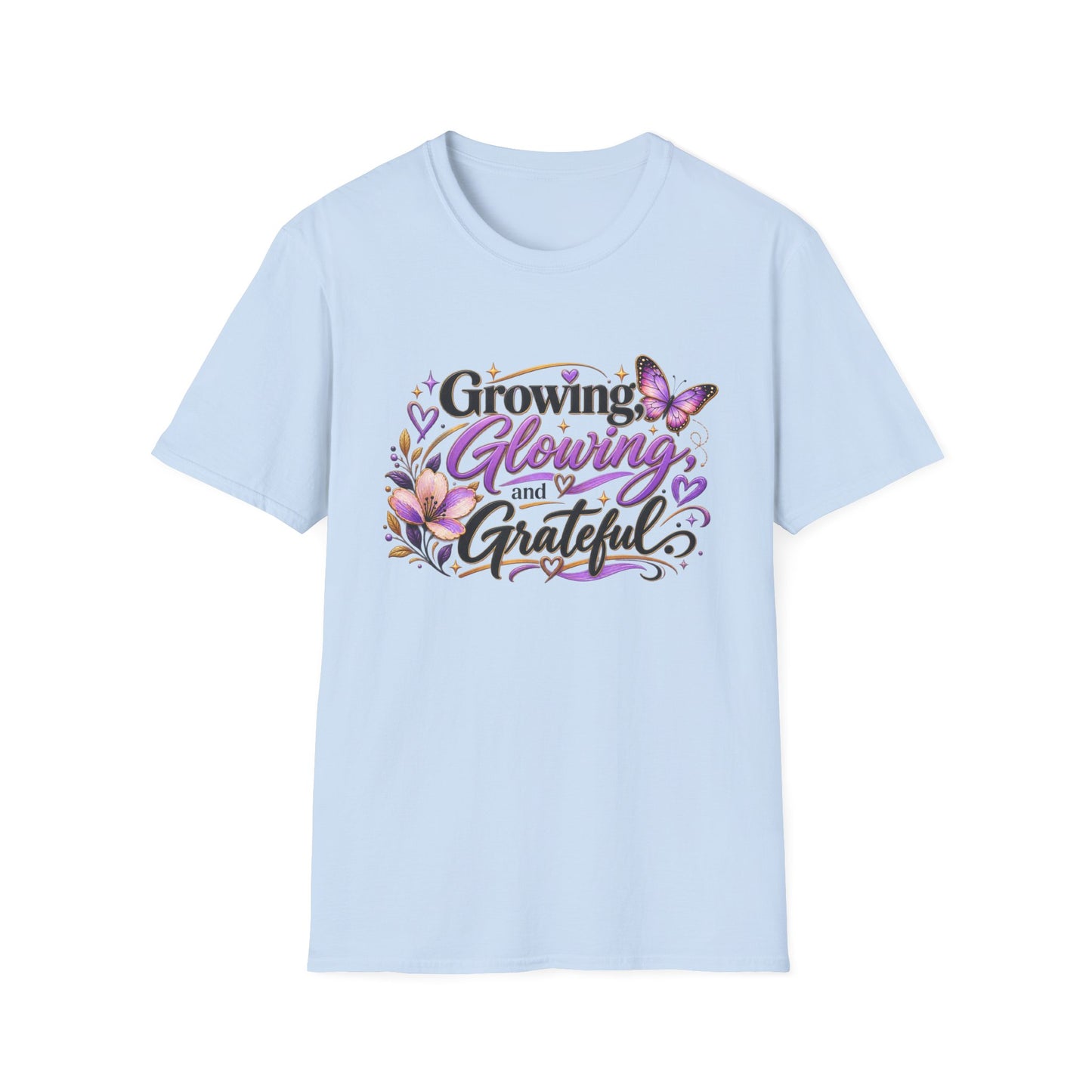 Growing Glowing and Grateful T-Shirt — Inspirational Floral Butterfly Tee for Women