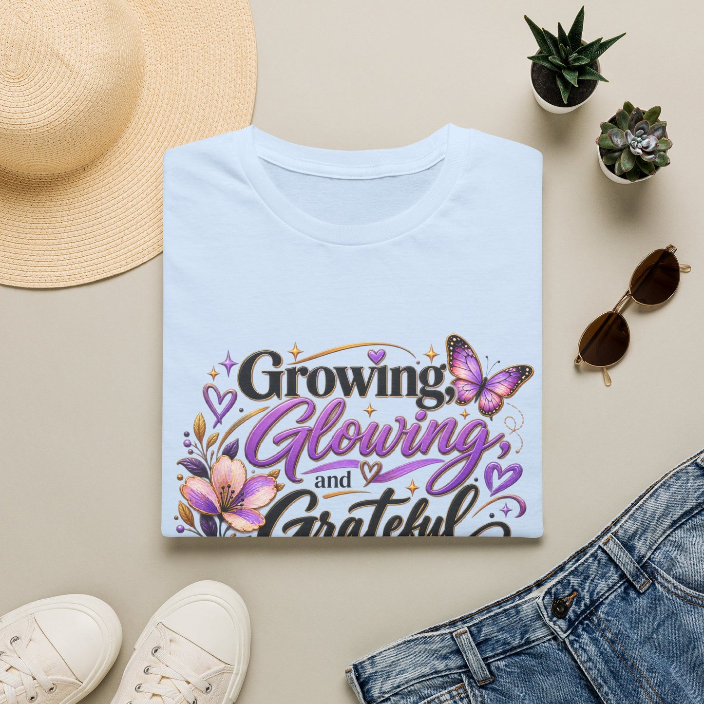 Growing Glowing and Grateful T-Shirt — Inspirational Floral Butterfly Tee for Women